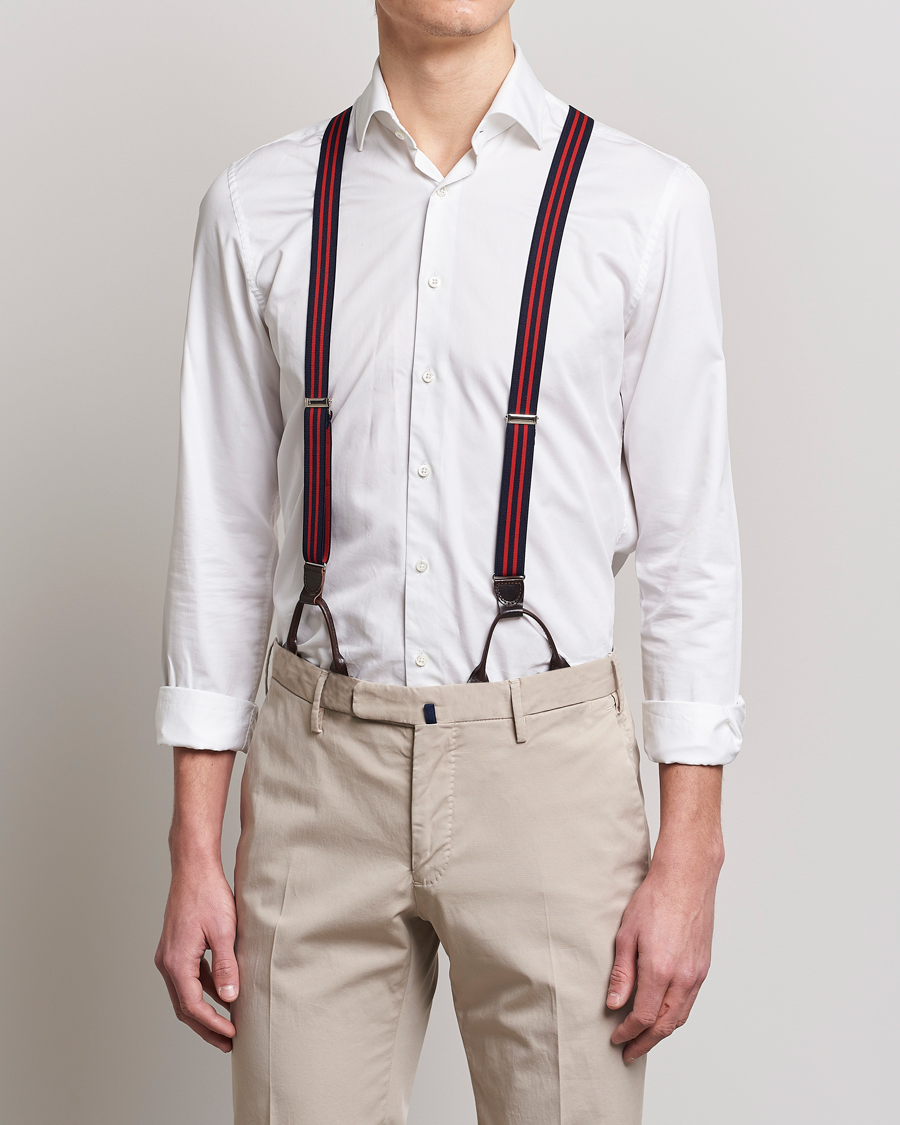 Hombres | Albert Thurston Elastic Narrow Stripe Braces 25mm Navy/Red | Albert Thurston | Elastic Narrow Stripe Braces 25mm Navy/Red