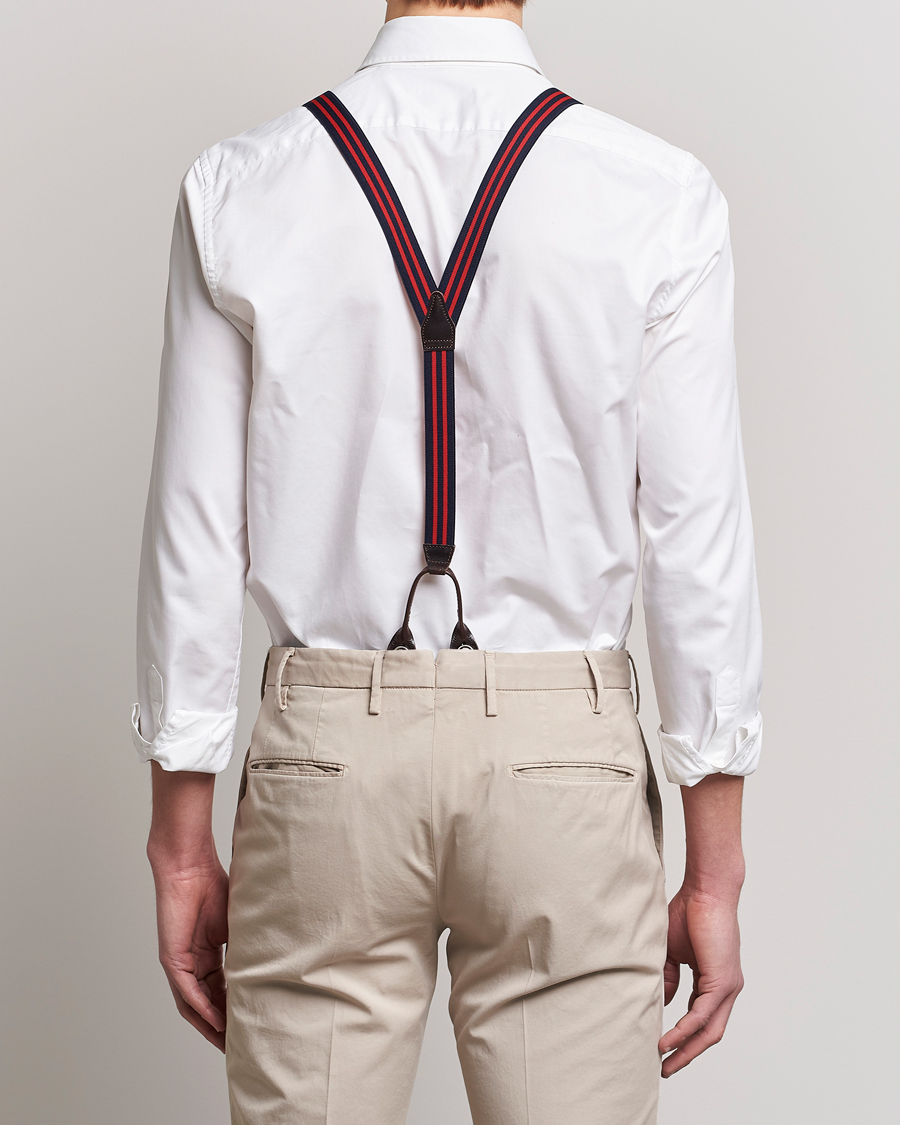 Hombres | Albert Thurston Elastic Narrow Stripe Braces 25mm Navy/Red | Albert Thurston | Elastic Narrow Stripe Braces 25mm Navy/Red