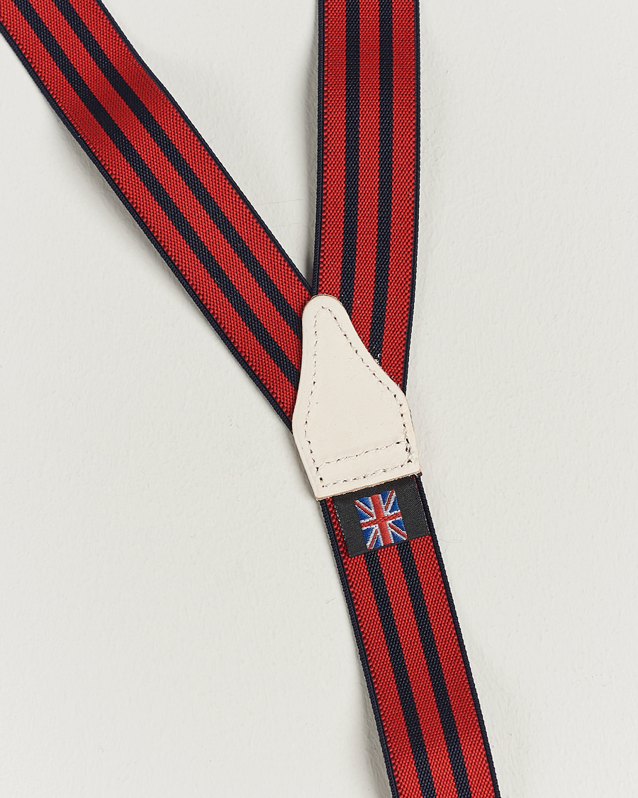 Hombres | Albert Thurston Elastic Narrow Stripe Braces 25mm Navy/Red | Albert Thurston | Elastic Narrow Stripe Braces 25mm Navy/Red