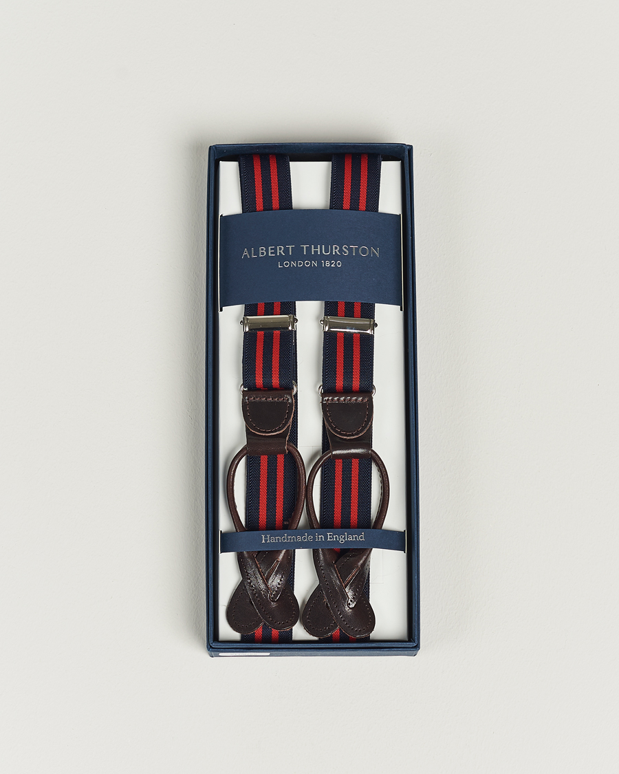 Hombres | Albert Thurston Elastic Narrow Stripe Braces 25mm Navy/Red | Albert Thurston | Elastic Narrow Stripe Braces 25mm Navy/Red