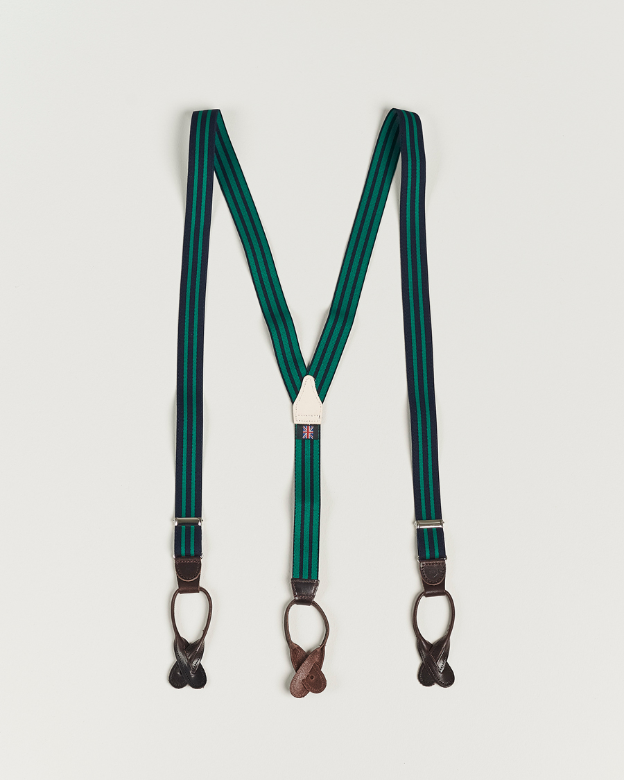 Hombres | Albert Thurston Elastic Narrow Stripe Braces 25mm Navy/Green | Albert Thurston | Elastic Narrow Stripe Braces 25mm Navy/Green