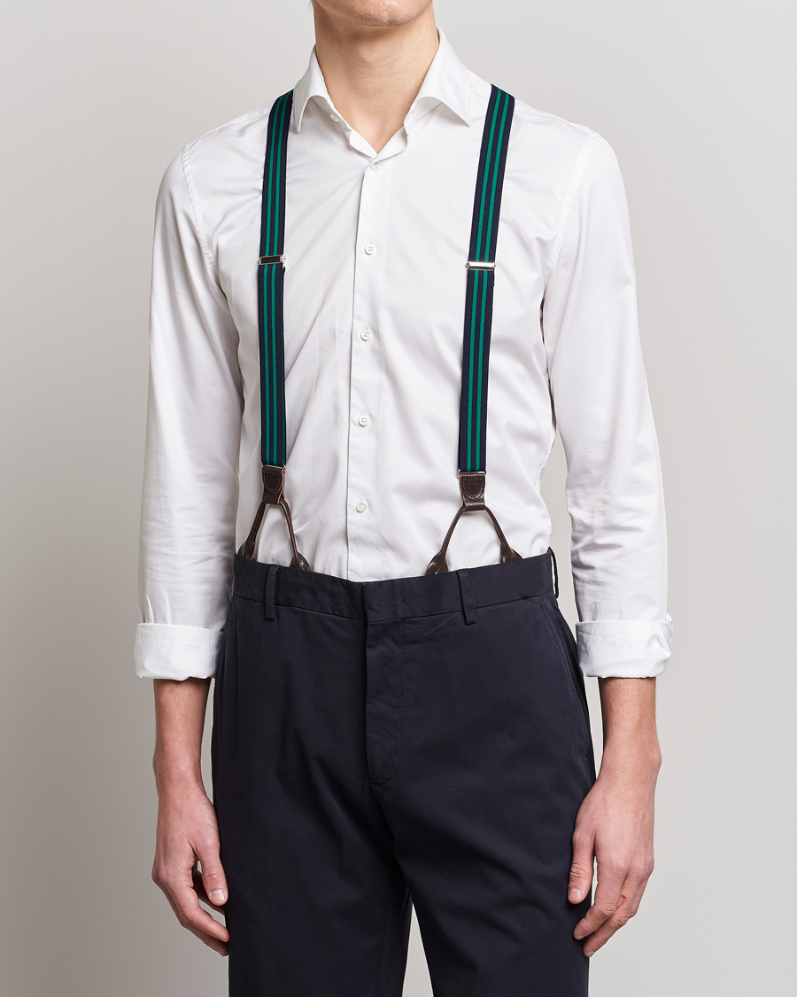 Hombres | Stylesegment formal | Albert Thurston | Elastic Narrow Stripe Braces 25mm Navy/Green