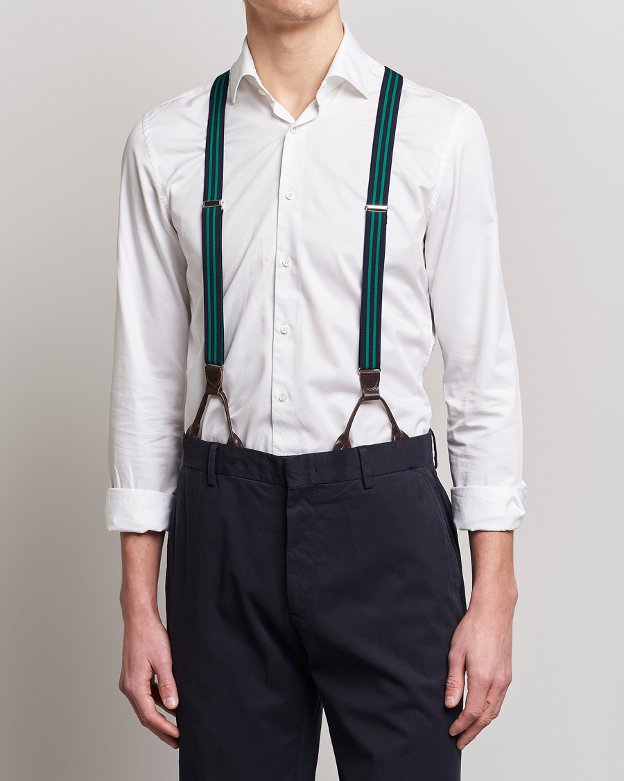 Hombres | Albert Thurston Elastic Narrow Stripe Braces 25mm Navy/Green | Albert Thurston | Elastic Narrow Stripe Braces 25mm Navy/Green