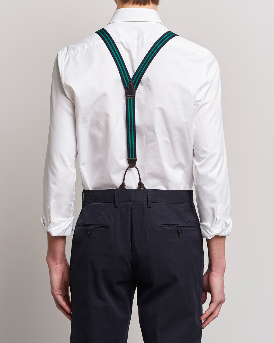 Hombres | Albert Thurston Elastic Narrow Stripe Braces 25mm Navy/Green | Albert Thurston | Elastic Narrow Stripe Braces 25mm Navy/Green