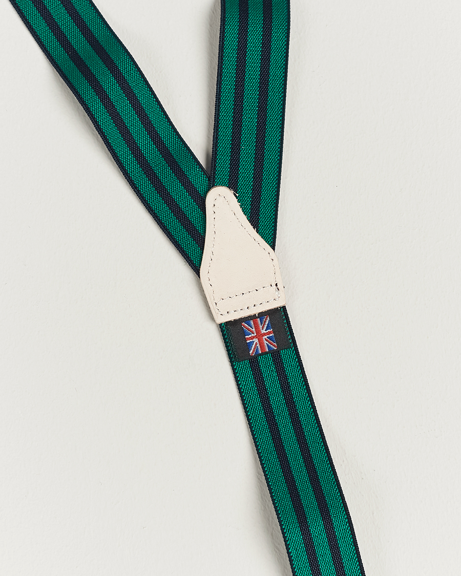Hombres | Albert Thurston Elastic Narrow Stripe Braces 25mm Navy/Green | Albert Thurston | Elastic Narrow Stripe Braces 25mm Navy/Green