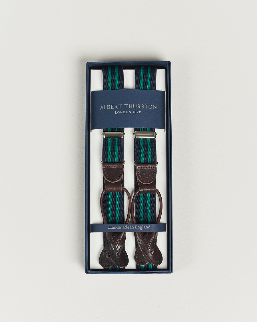 Hombres | Albert Thurston Elastic Narrow Stripe Braces 25mm Navy/Green | Albert Thurston | Elastic Narrow Stripe Braces 25mm Navy/Green