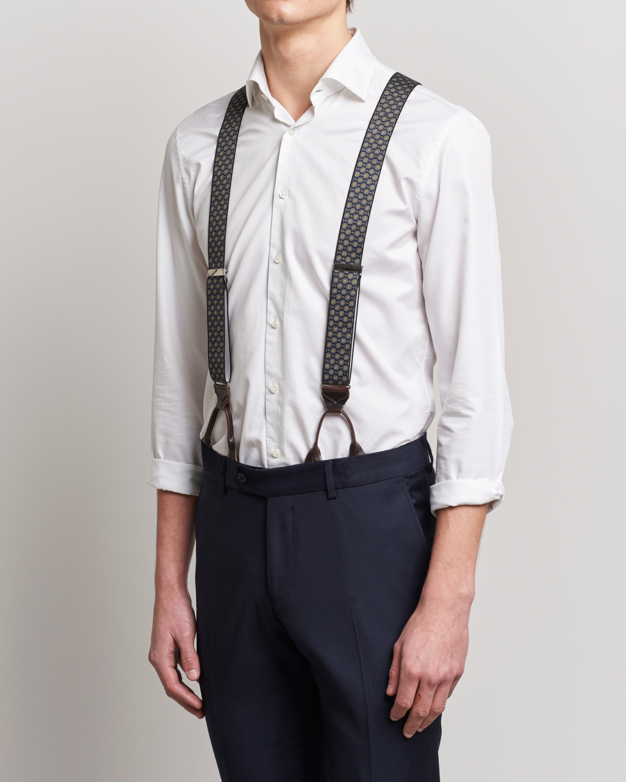 Hombres | Albert Thurston Elastic Medallion Printed Braces 35mm Blue | Albert Thurston | Elastic Medallion Printed Braces 35mm Blue