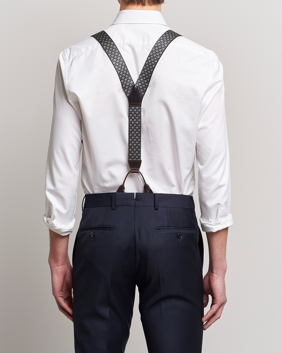 Hombres | Albert Thurston Elastic Medallion Printed Braces 35mm Blue | Albert Thurston | Elastic Medallion Printed Braces 35mm Blue