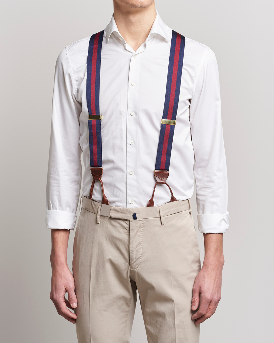 Hombres | Stylesegment formal | Albert Thurston | Elastic Wide Stripe Braces 40mm Navy/Wine