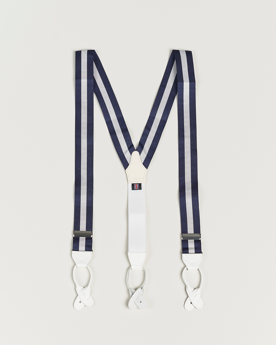 Hombres | Albert Thurston Elastic Wide Stripe Braces 40mm Navy/White | Albert Thurston | Elastic Wide Stripe Braces 40mm Navy/White