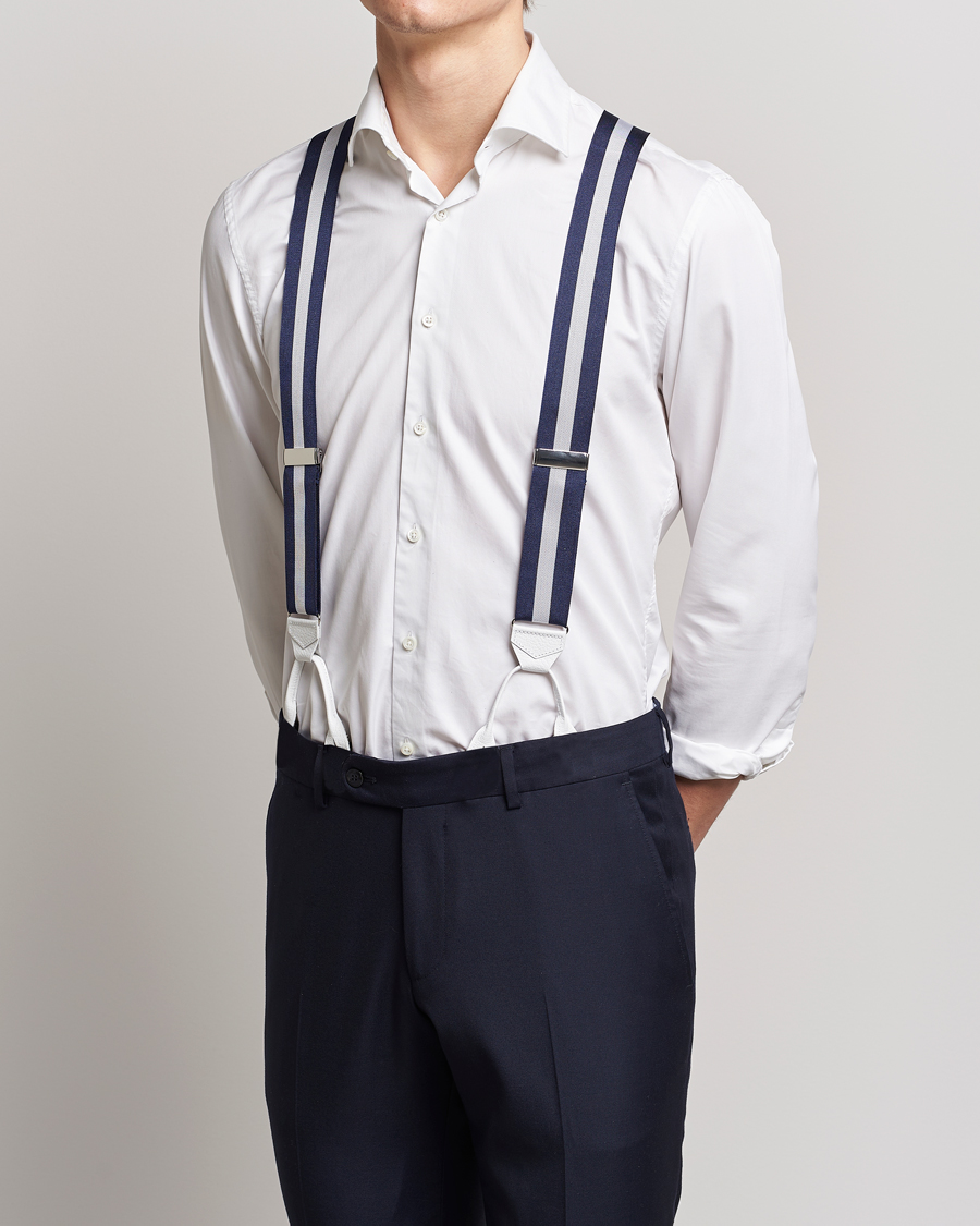Hombres | Albert Thurston Elastic Wide Stripe Braces 40mm Navy/White | Albert Thurston | Elastic Wide Stripe Braces 40mm Navy/White