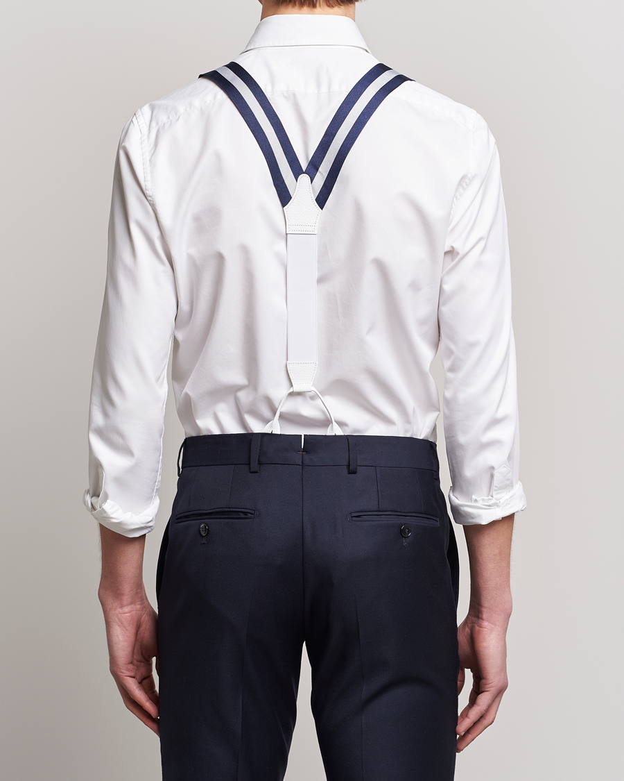 Hombres | Albert Thurston Elastic Wide Stripe Braces 40mm Navy/White | Albert Thurston | Elastic Wide Stripe Braces 40mm Navy/White