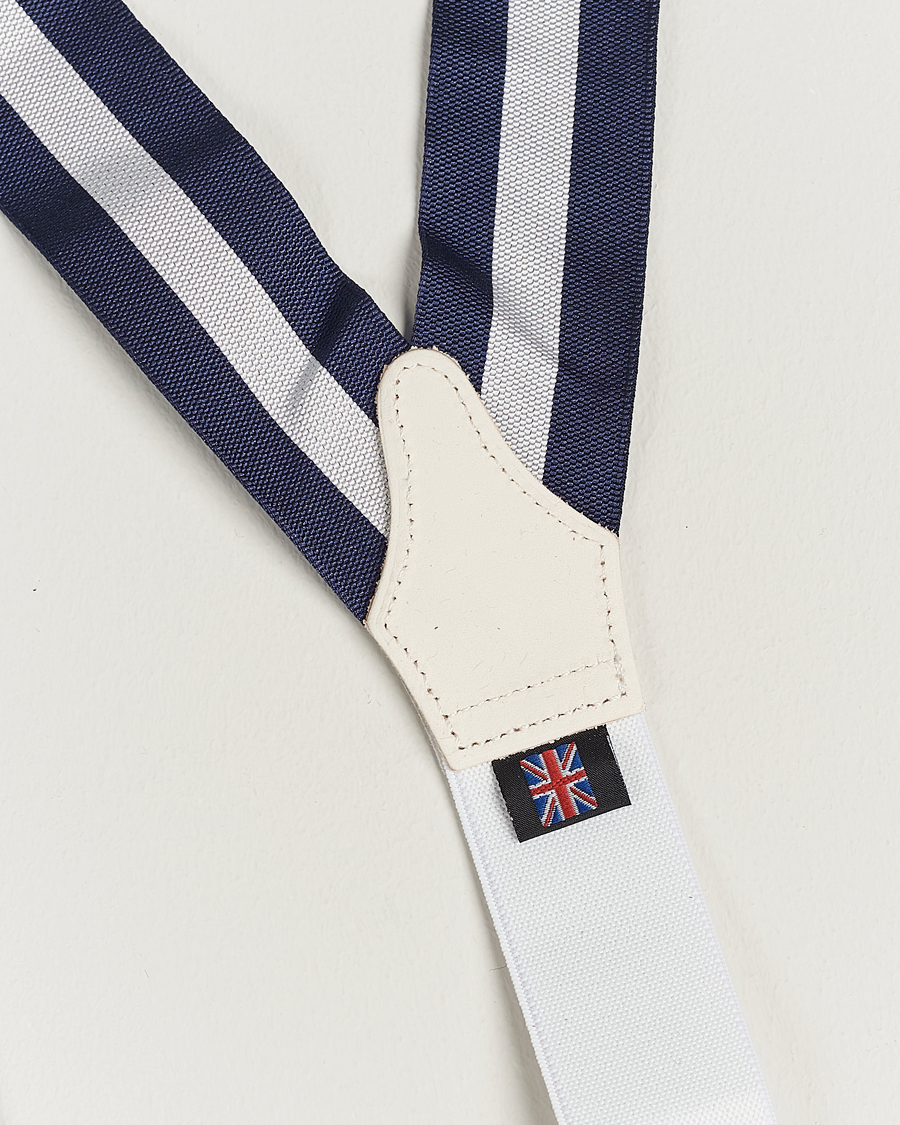 Hombres | Albert Thurston Elastic Wide Stripe Braces 40mm Navy/White | Albert Thurston | Elastic Wide Stripe Braces 40mm Navy/White