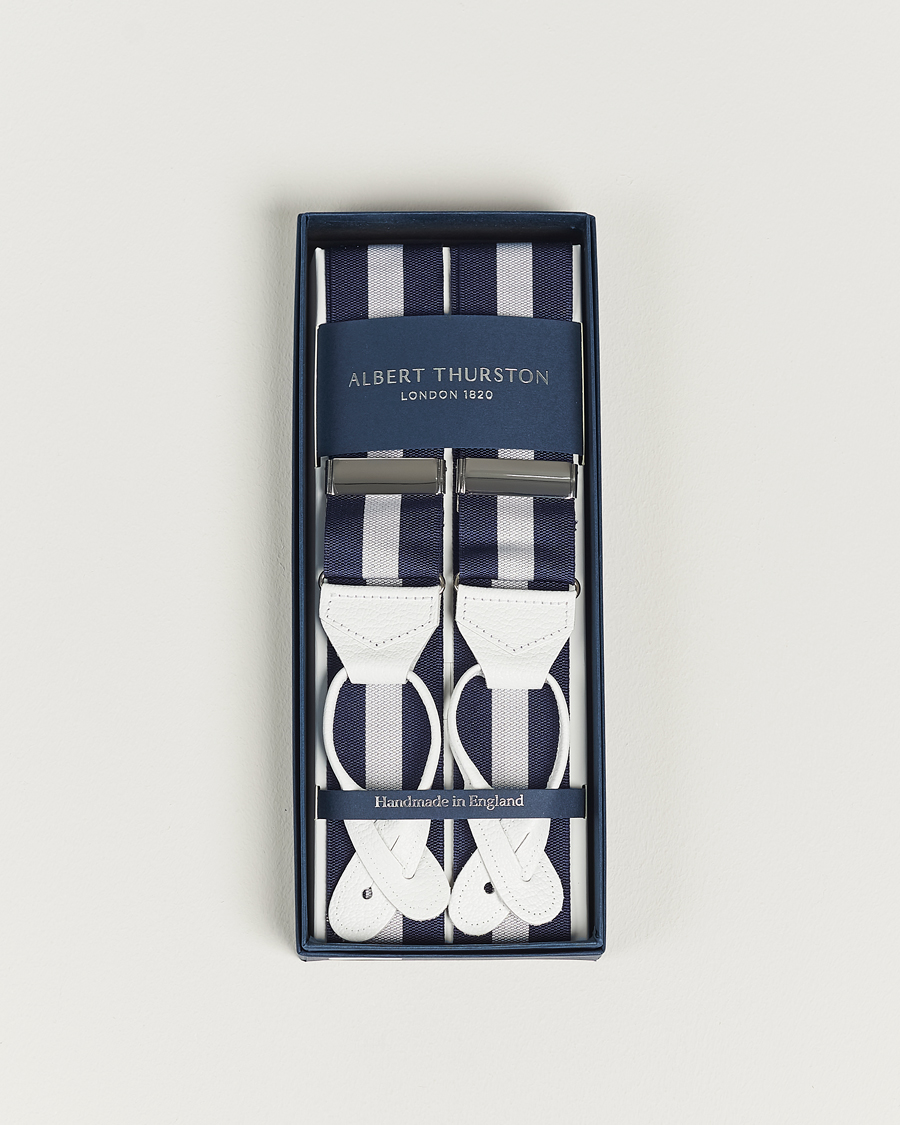 Hombres | Albert Thurston Elastic Wide Stripe Braces 40mm Navy/White | Albert Thurston | Elastic Wide Stripe Braces 40mm Navy/White
