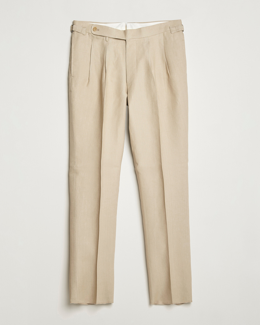 Hombres | Pantalones | Beams F | Pleated Linen Trousers Beige