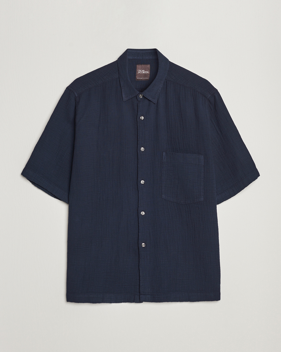 Hombres | Camisas | Oscar Jacobson | Short Sleeve City Crepe Cotton Shirt Navy
