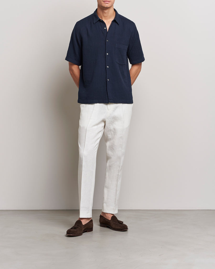Hombres | Camisas | Oscar Jacobson | Short Sleeve City Crepe Cotton Shirt Navy