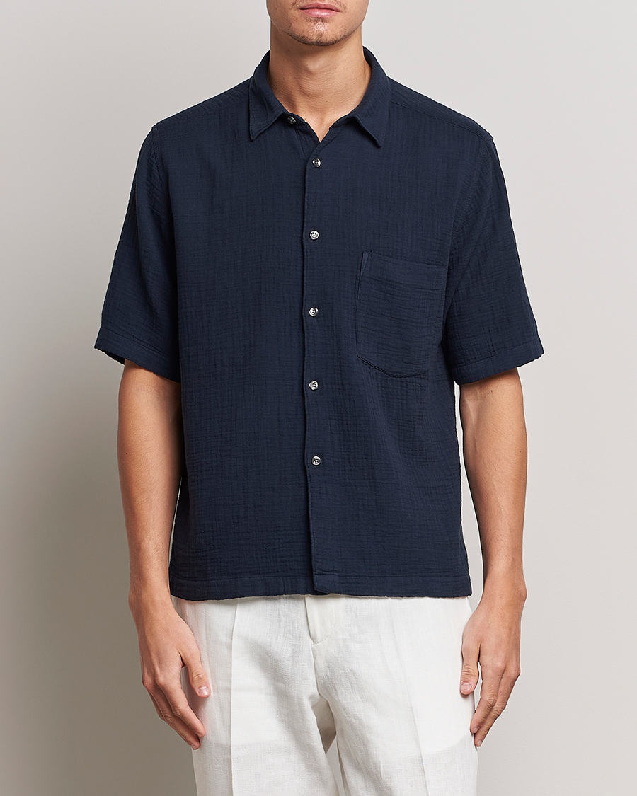 Hombres | Camisas | Oscar Jacobson | Short Sleeve City Crepe Cotton Shirt Navy