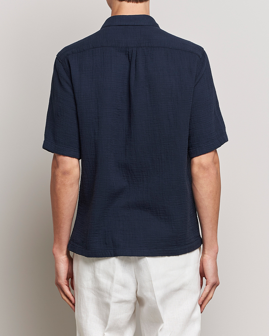 Hombres | Camisas | Oscar Jacobson | Short Sleeve City Crepe Cotton Shirt Navy