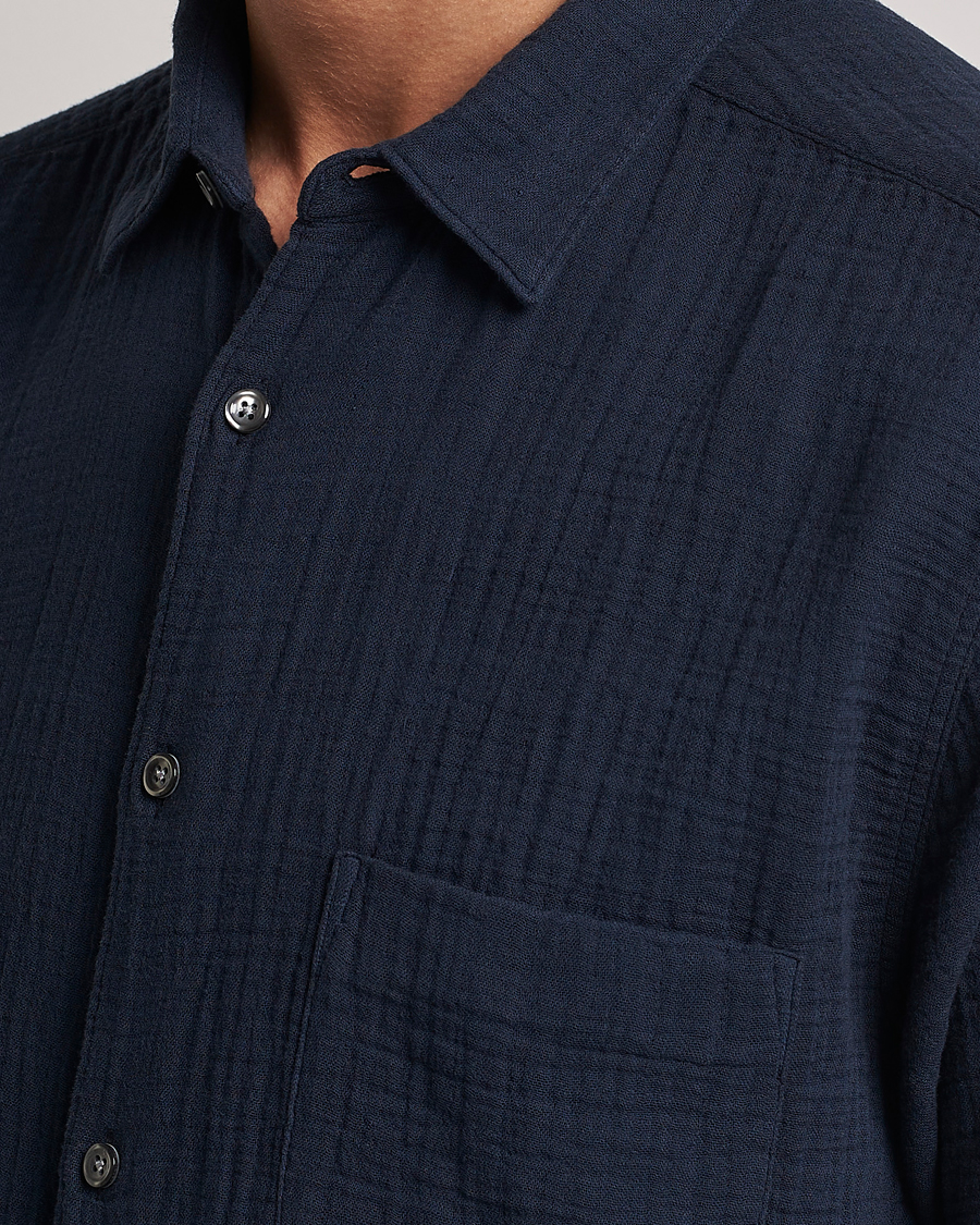 Hombres | Camisas | Oscar Jacobson | Short Sleeve City Crepe Cotton Shirt Navy