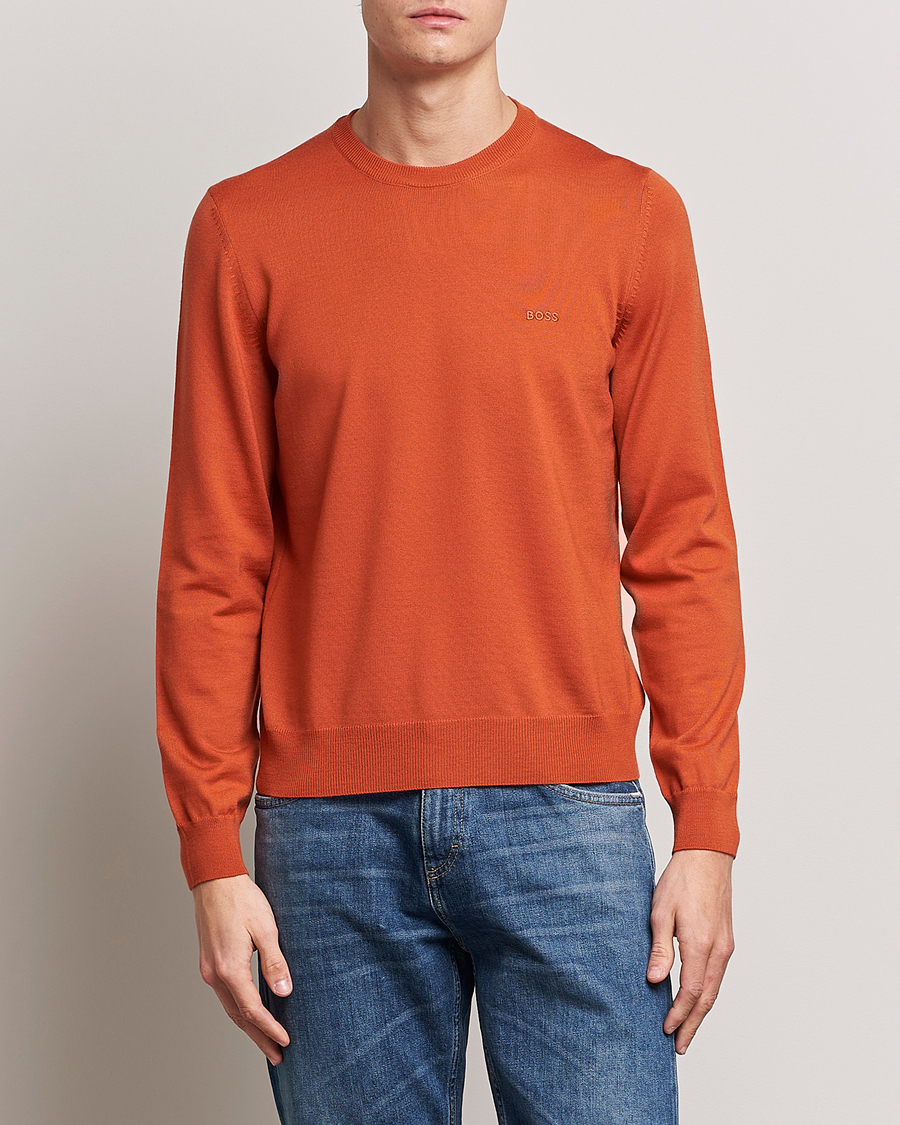 Hombres | Jerséis y prendas de punto | BOSS BLACK | Botto Wool Knitted Crew Neck Sweater Dark Orange