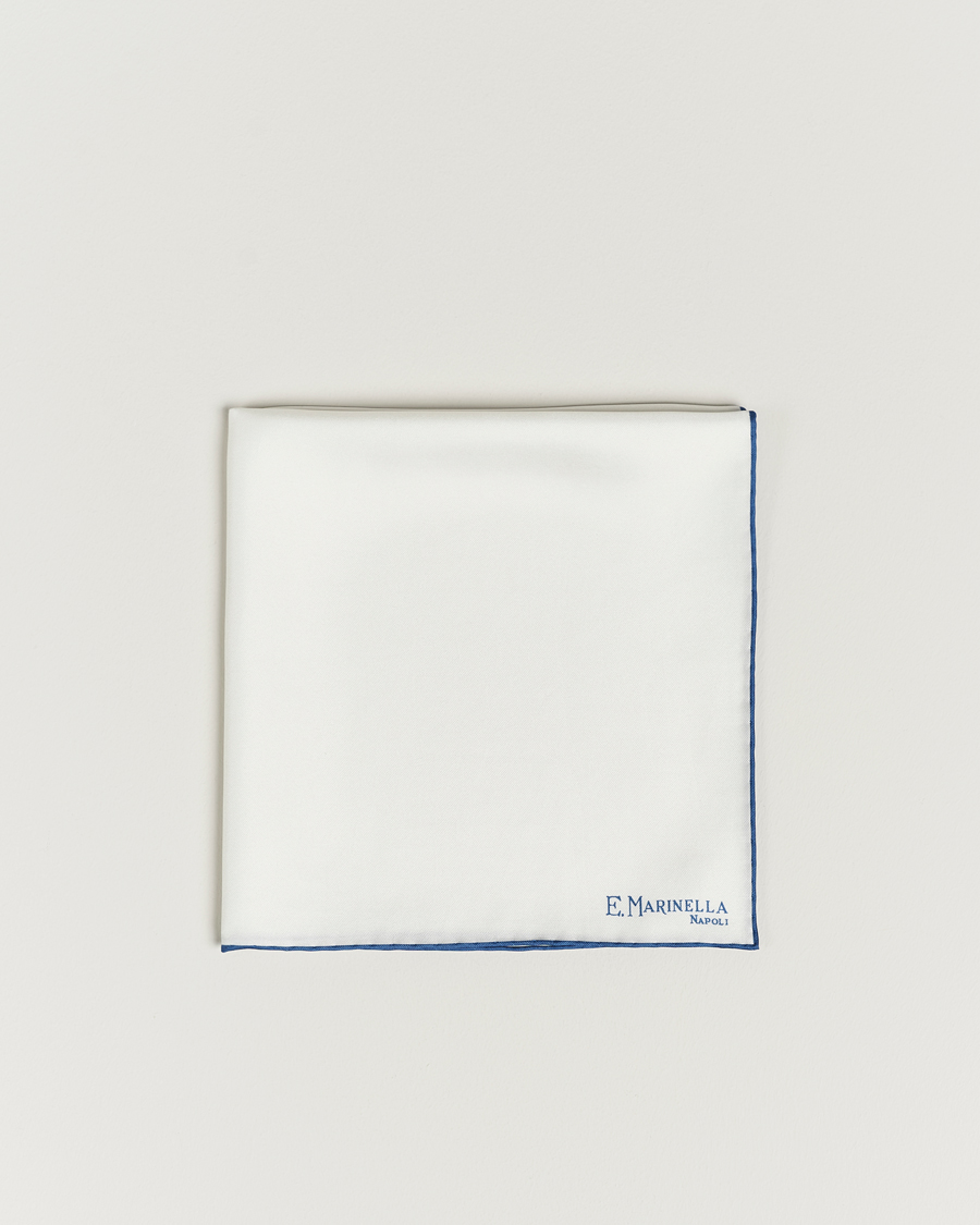 Hombres | E. Marinella Silk Pocket Square White/Blue | E. Marinella | Silk Pocket Square White/Blue