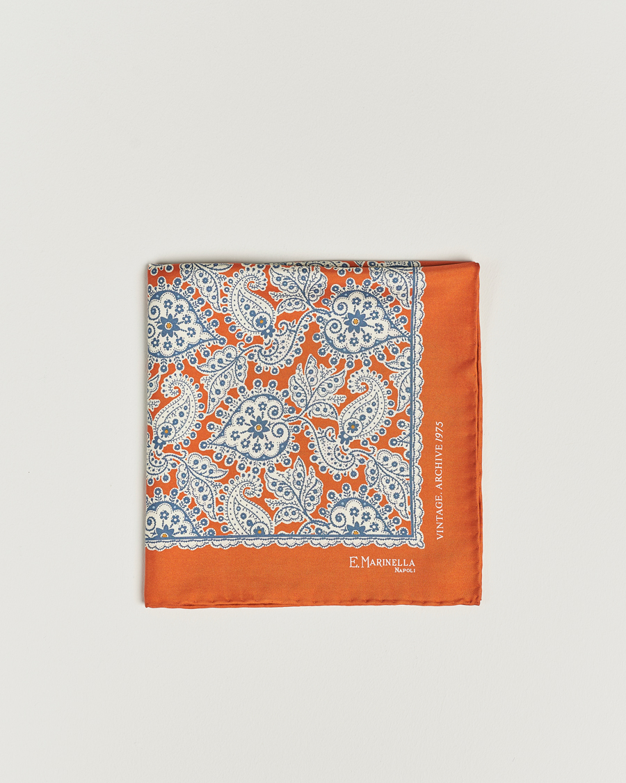 Hombres | E. Marinella Paisley Silk Pocket Square Orange | E. Marinella | Paisley Silk Pocket Square Orange