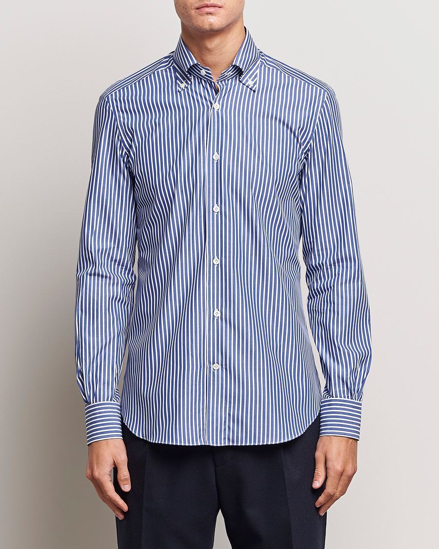Hombres | Camisas | Mazzarelli | Soft Button Down Striped Shirt Dark Blue