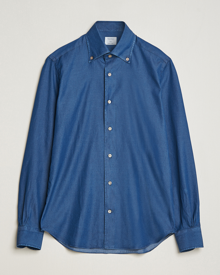 Hombres | Camisas | Mazzarelli | Soft Button Down Denim Shirt Blue Wash