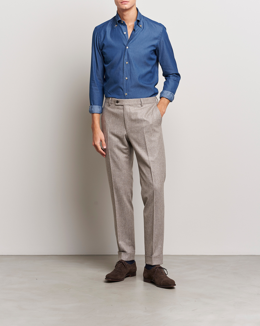 Hombres | Camisas | Mazzarelli | Soft Button Down Denim Shirt Blue Wash