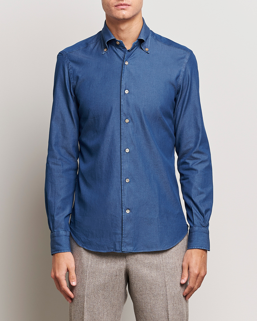 Hombres | Camisas | Mazzarelli | Soft Button Down Denim Shirt Blue Wash