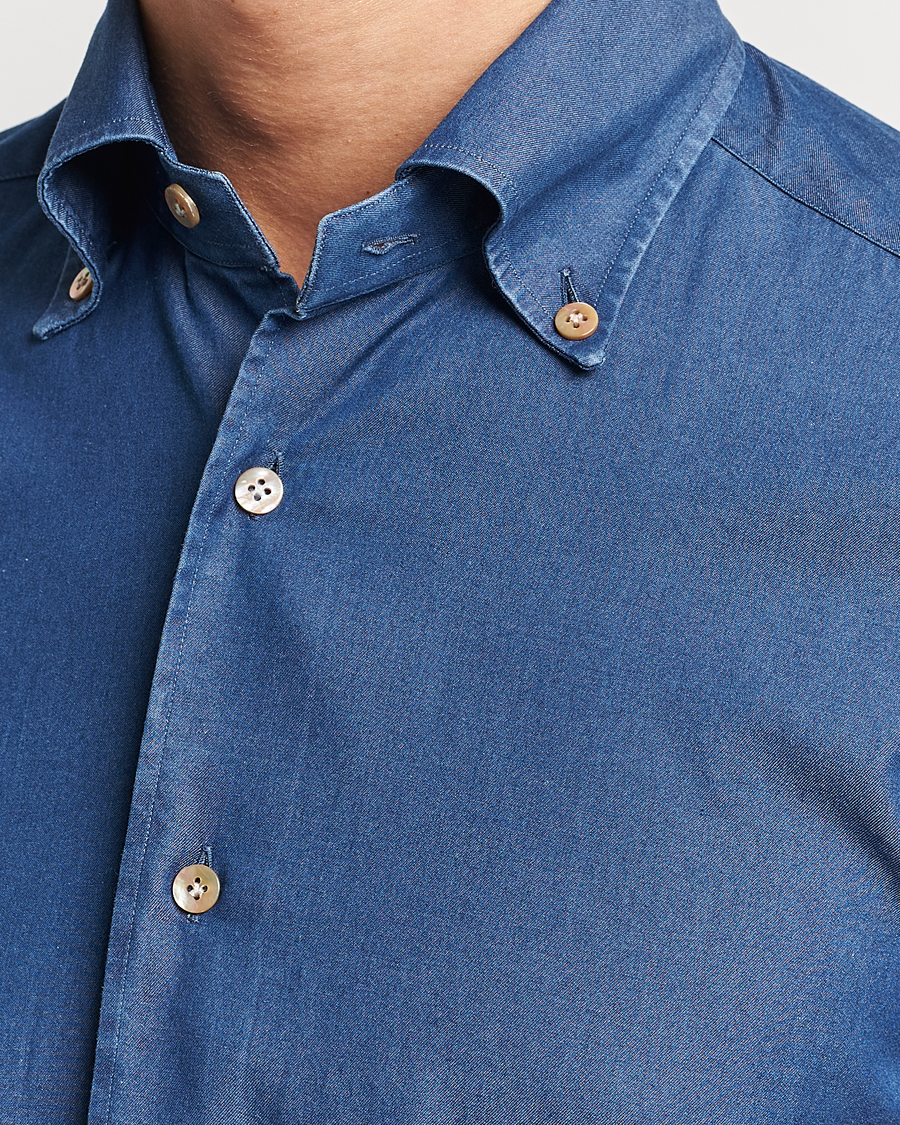 Hombres | Camisas | Mazzarelli | Soft Button Down Denim Shirt Blue Wash