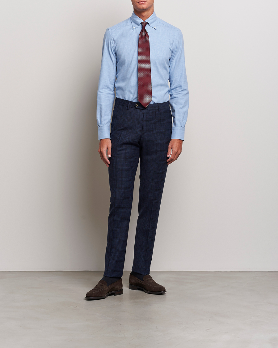 Hombres | Camisas | Mazzarelli | Soft Button Down Flannel Shirt Light Blue