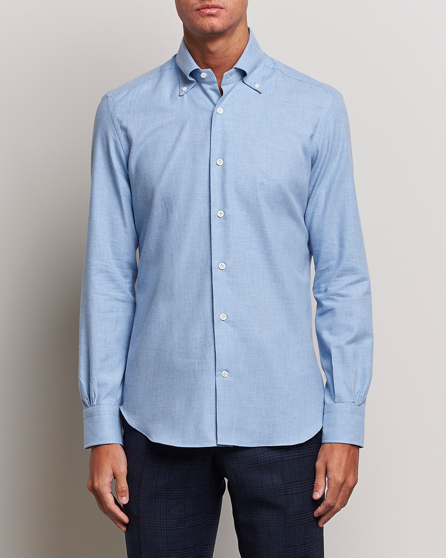 Hombres | Camisas | Mazzarelli | Soft Button Down Flannel Shirt Light Blue