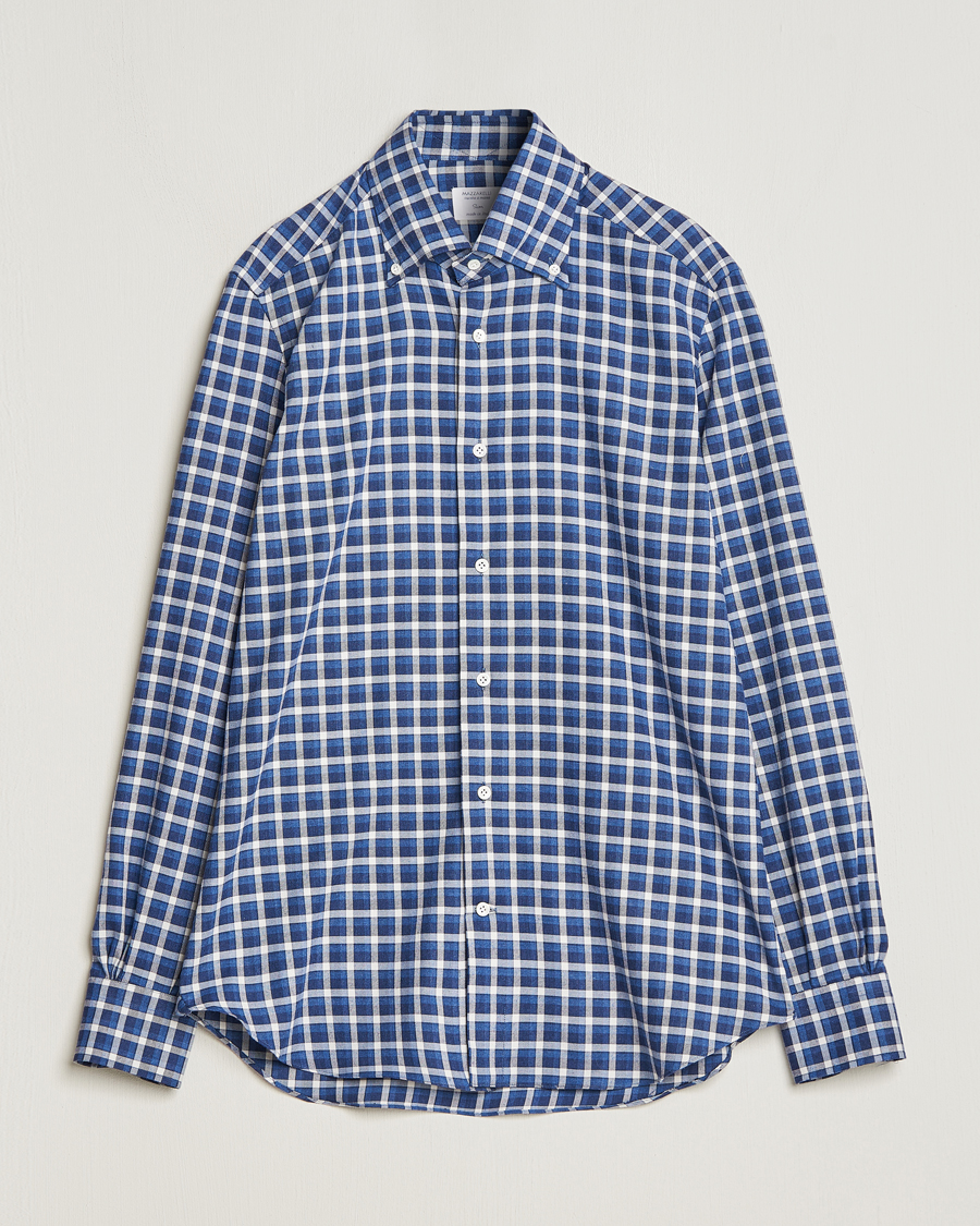 Hombres | Camisas | Mazzarelli | Soft Button Down Flannel Shirt Dark Blue