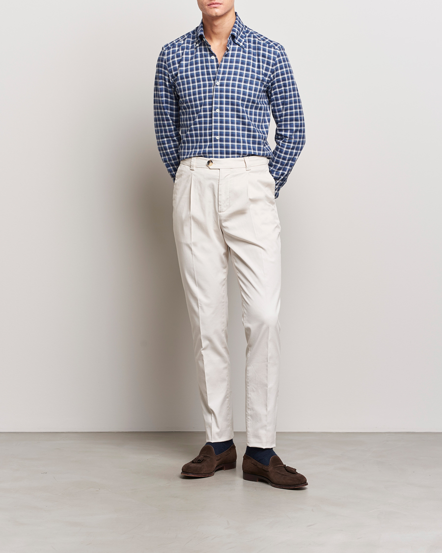 Hombres | Camisas | Mazzarelli | Soft Button Down Flannel Shirt Dark Blue