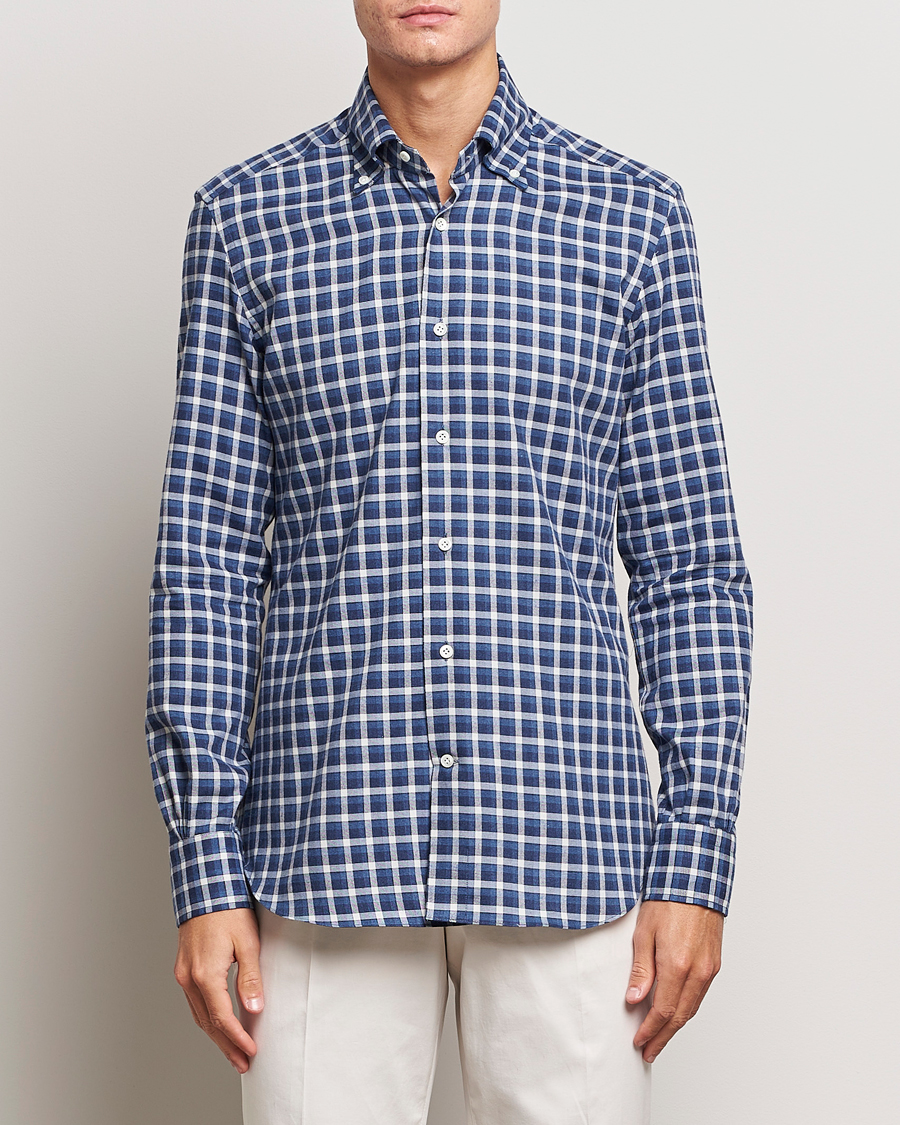 Hombres | Camisas | Mazzarelli | Soft Button Down Flannel Shirt Dark Blue