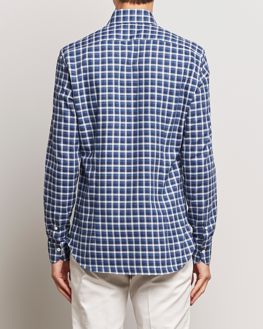 Hombres | Camisas | Mazzarelli | Soft Button Down Flannel Shirt Dark Blue