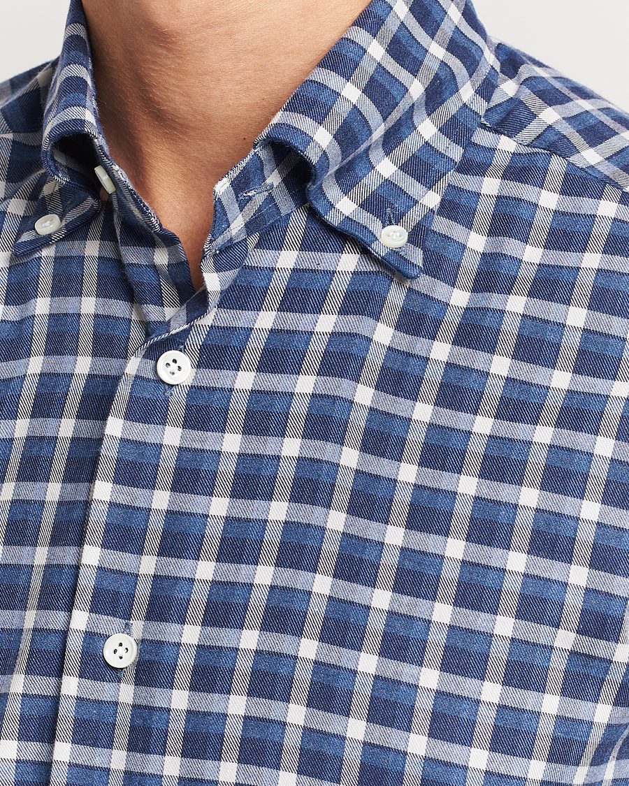 Hombres | Camisas | Mazzarelli | Soft Button Down Flannel Shirt Dark Blue