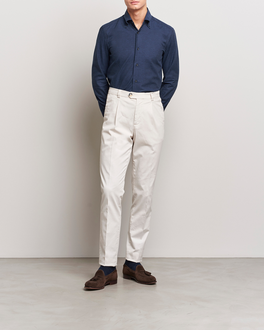 Hombres | Camisas | Mazzarelli | Soft Button Down Flannel Shirt Navy