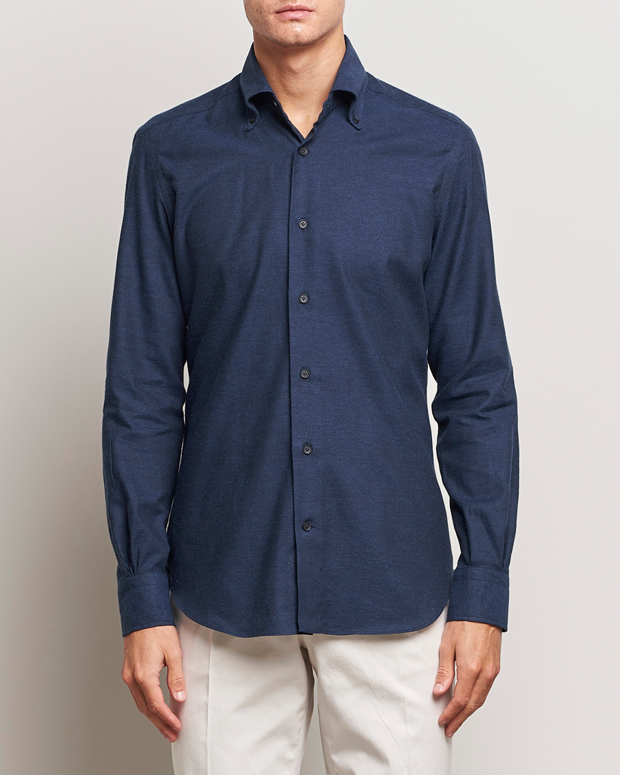 Hombres | Camisas | Mazzarelli | Soft Button Down Flannel Shirt Navy