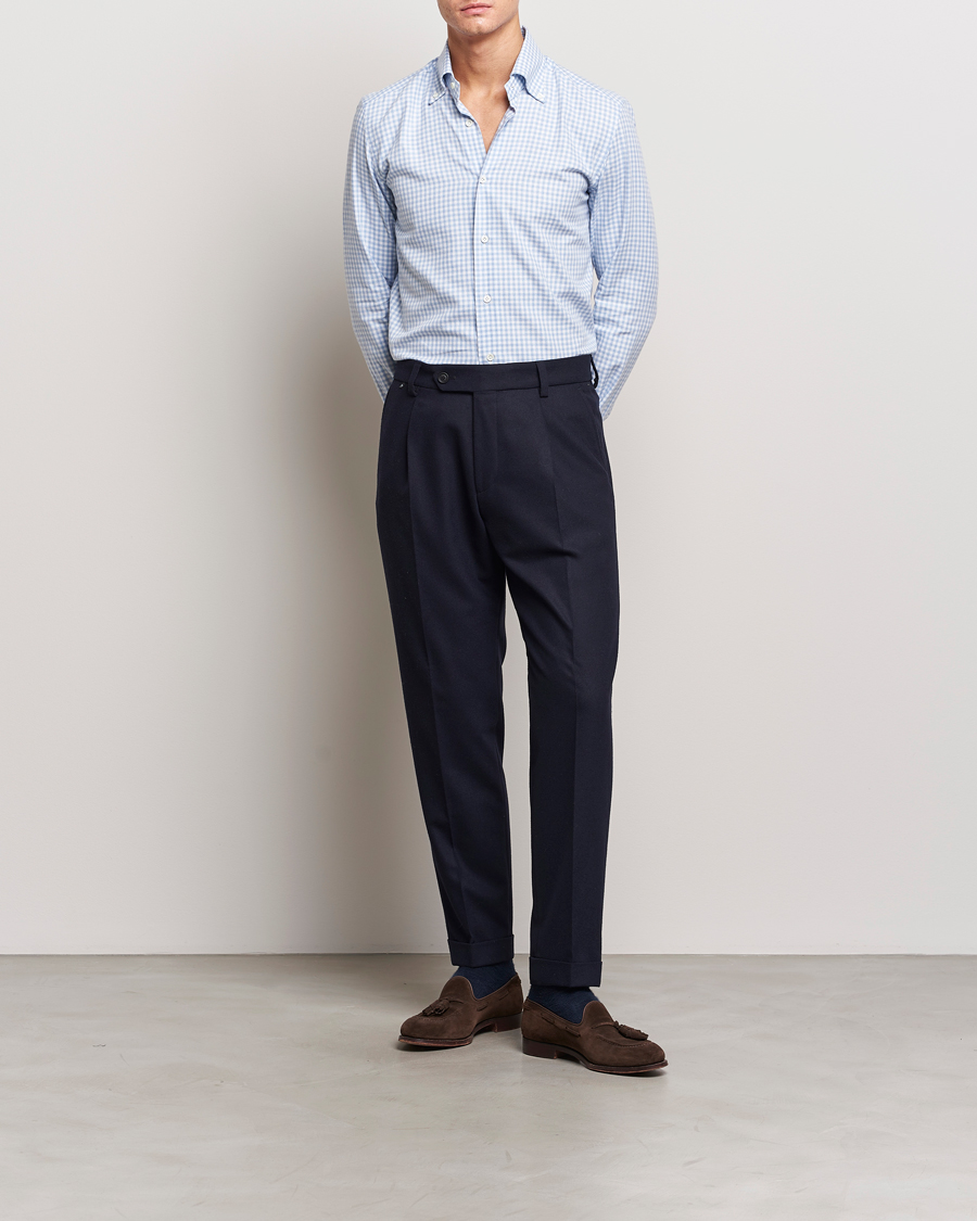 Hombres | Camisas | Mazzarelli | Soft Button Down Flannel Shirt Light Blue