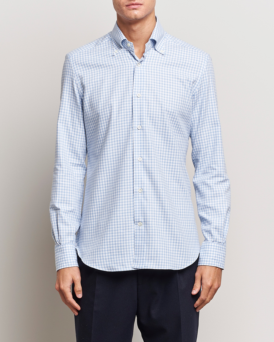 Hombres | Camisas | Mazzarelli | Soft Button Down Flannel Shirt Light Blue