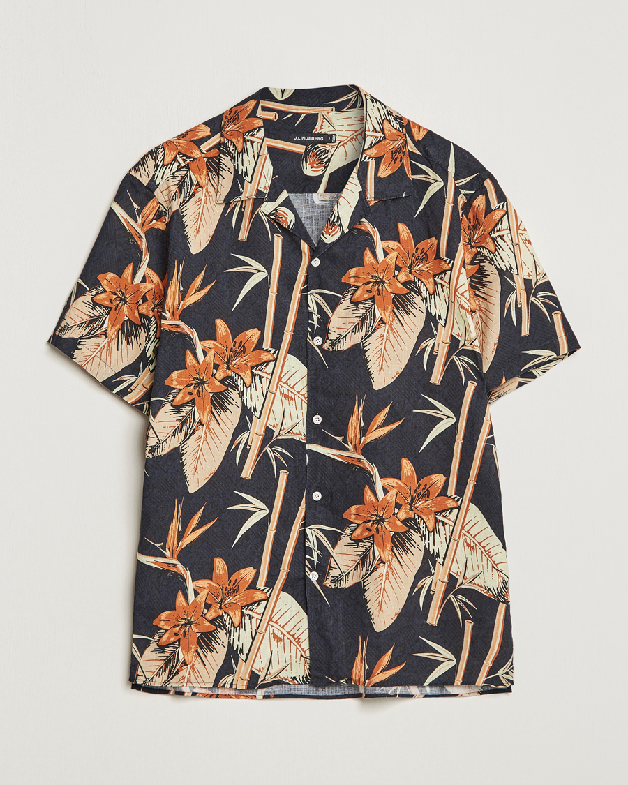 Hombres | Camisas | J.Lindeberg | Elio Tropical Print Short Sleeve Shirt Navy
