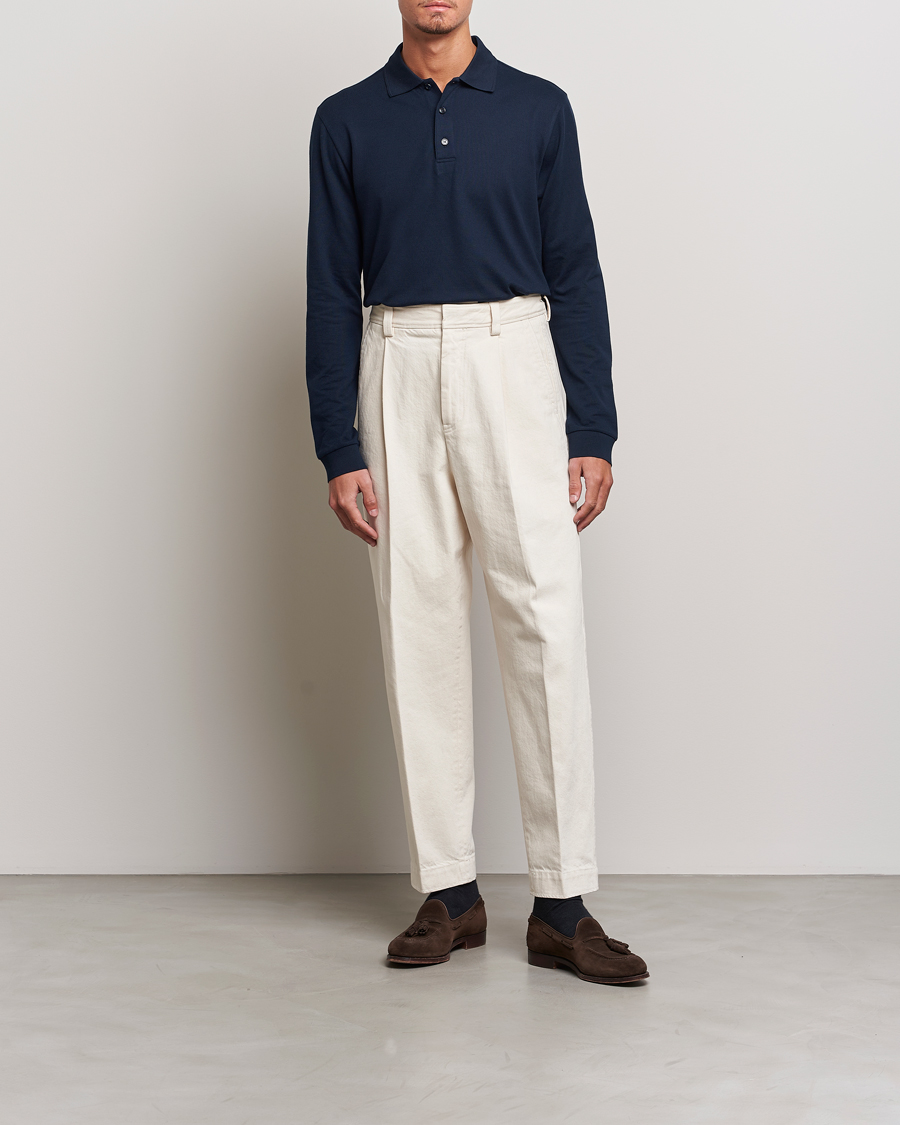 Hombres | Jerséis y prendas de punto | Brioni | Cotton Piquet Long Sleeve Polo Navy