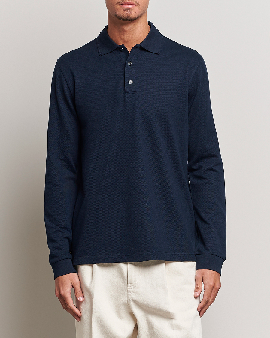 Hombres | Jerséis y prendas de punto | Brioni | Cotton Piquet Long Sleeve Polo Navy