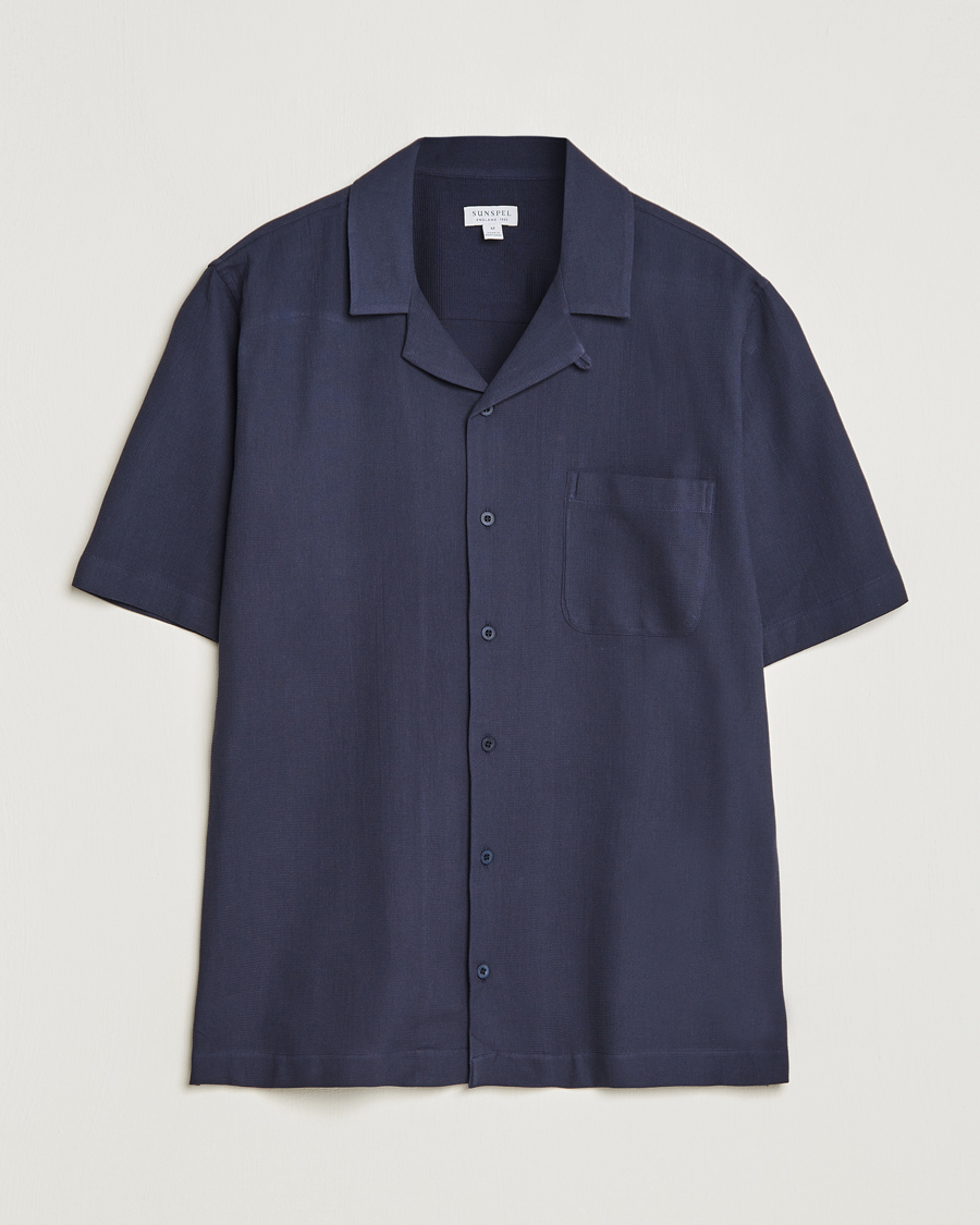 Hombres | Camisas | Sunspel | Waffle Camp Collar Shirt Navy
