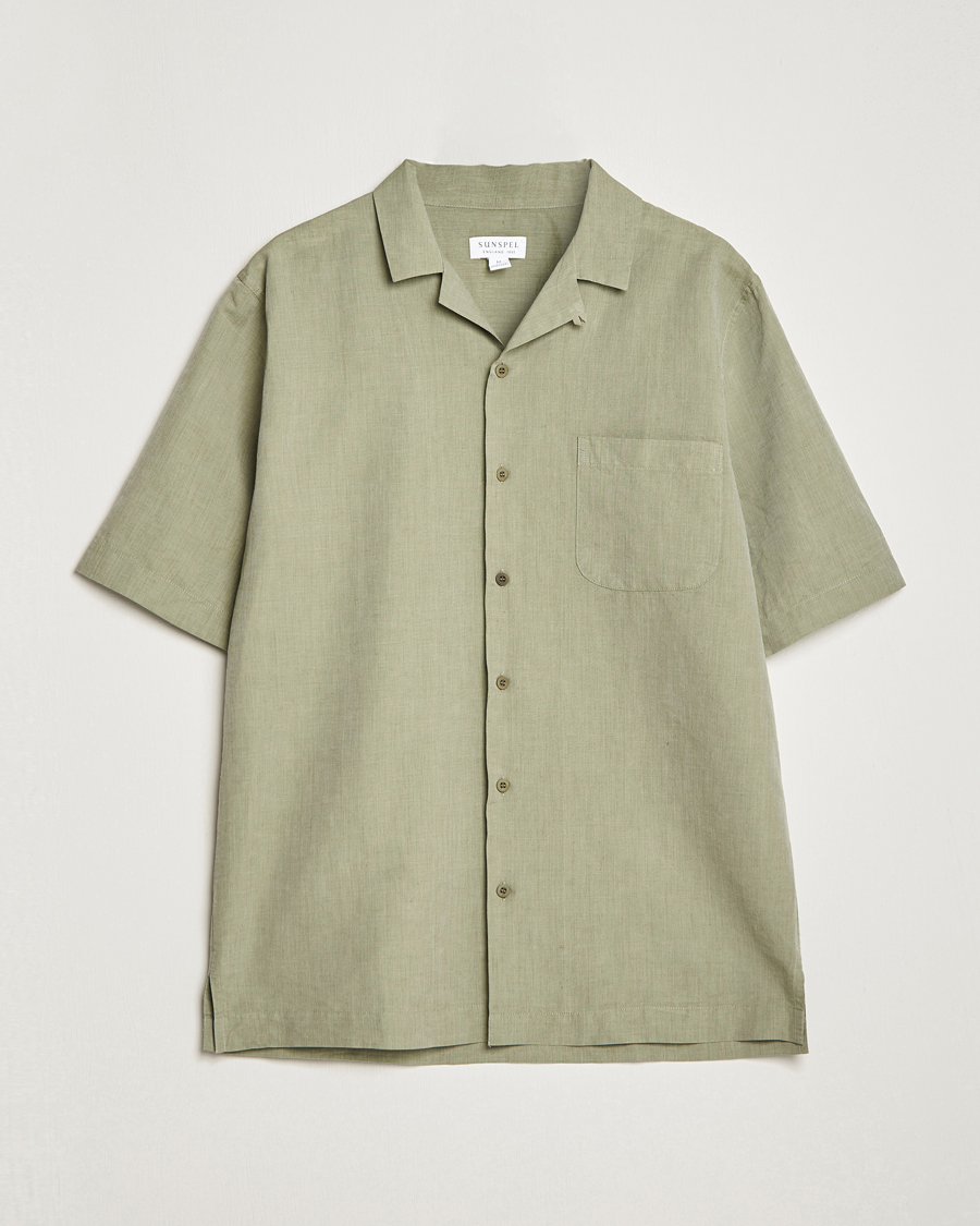 Hombres | Camisas | Sunspel | Lightweight Cotton/Linen Resort Shirt Hunter Green