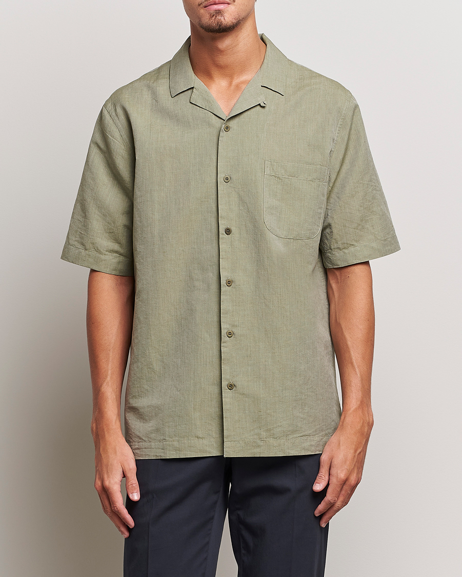 Hombres | Camisas | Sunspel | Lightweight Cotton/Linen Resort Shirt Hunter Green