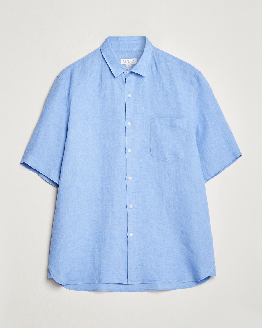 Hombres | Camisas | Sunspel | Short Sleeve Linen Shirt Cool Blue
